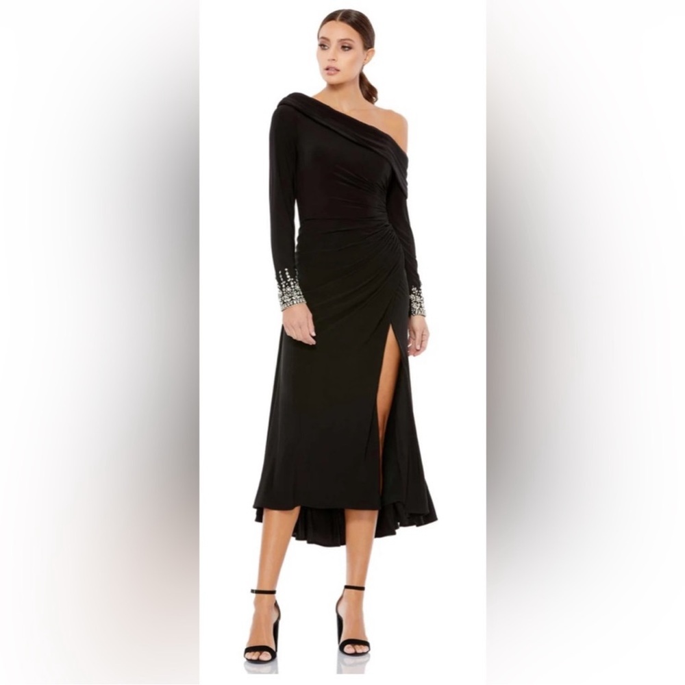 NWT Mac Duggal Fold Over Long Sleeve Jeweled Cuff Midi Black Dress Size 10